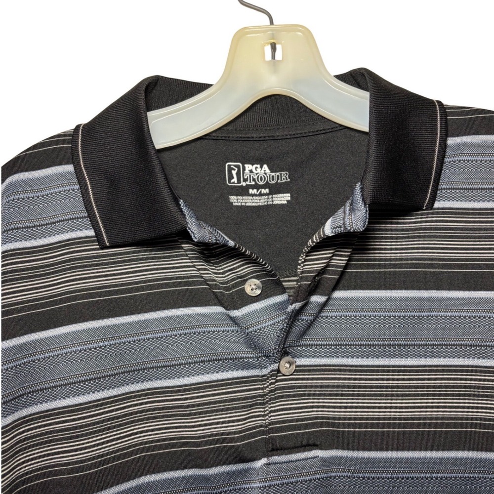 PGA Tour Golf Polo Shirt Mens Medium Blue Black Striped Performance Polo Golf - Picture 5 of 6